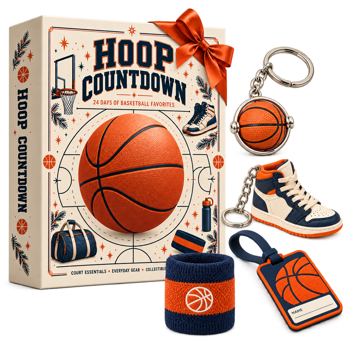 Closed calendar with four small basketball gifts: two keychains, wristband and bag tag