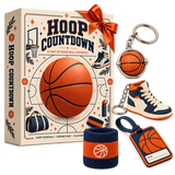Closed calendar with four small basketball gifts: two keychains, wristband and bag tag